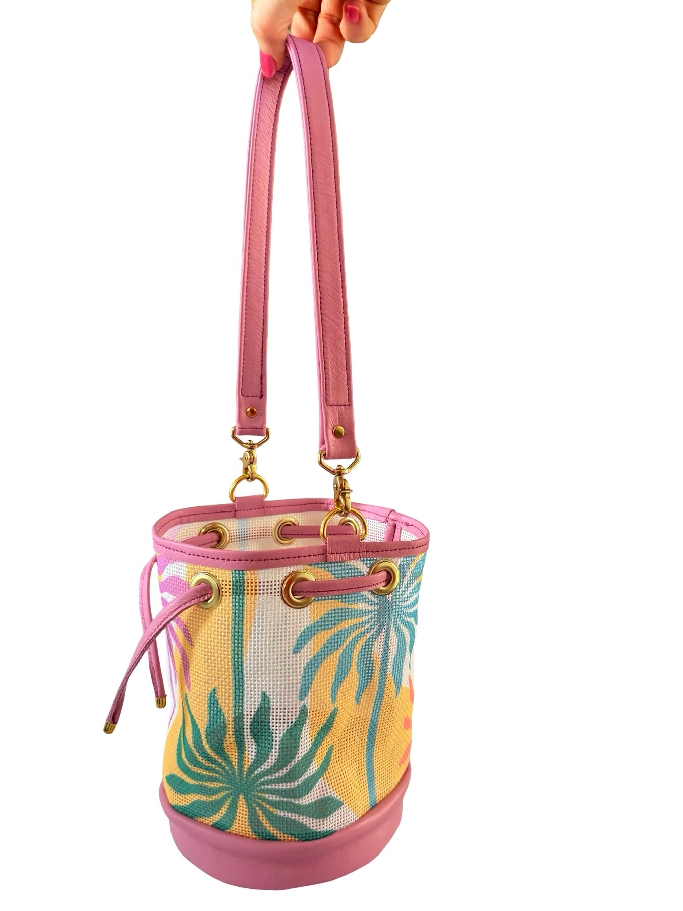 Palm Frites Mini Needlepoint Leather Bucket Bag Self Finishing