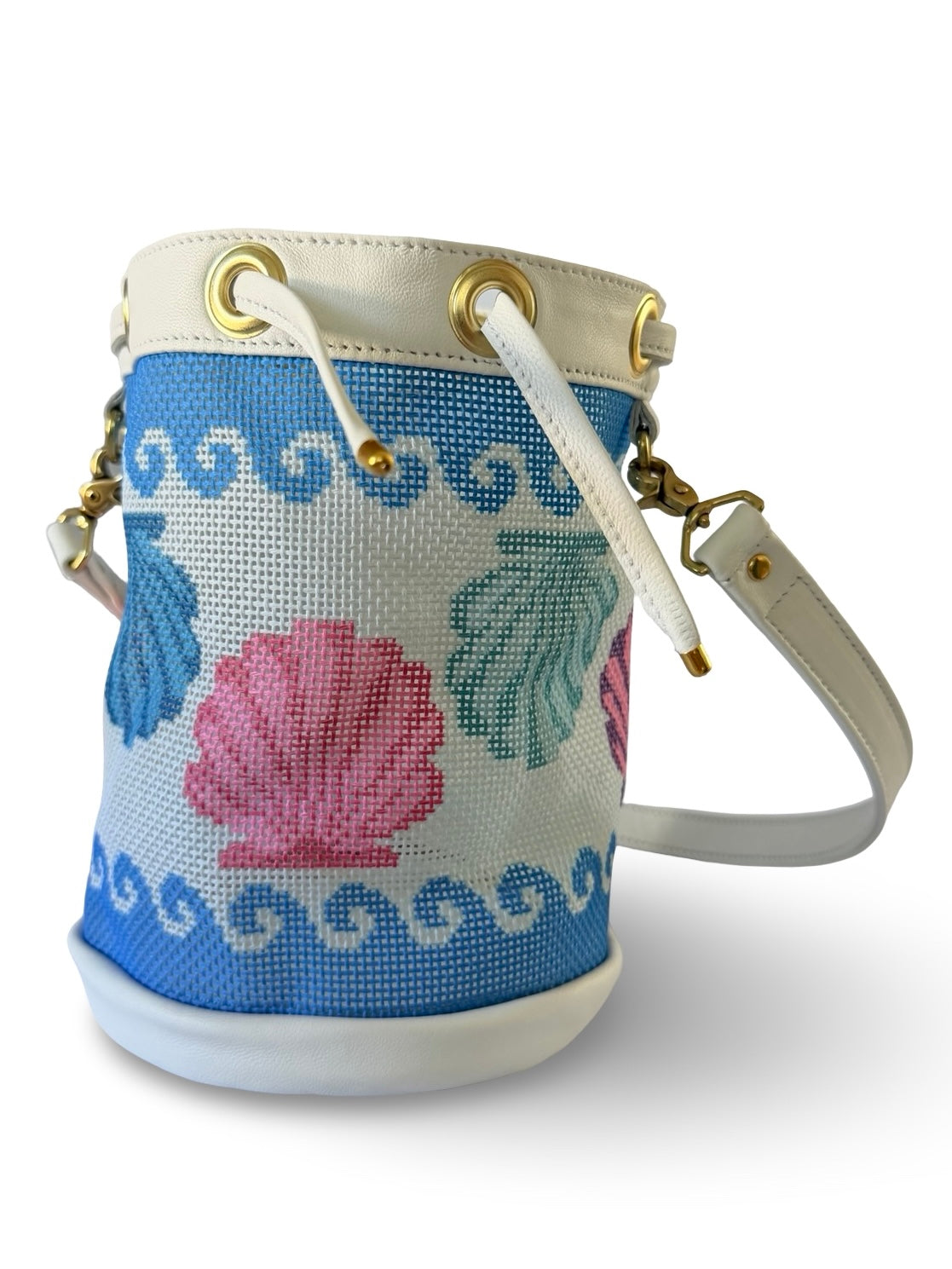 Wavy Shells Mini Needlepoint Leather Bucket Bag Self Finishing