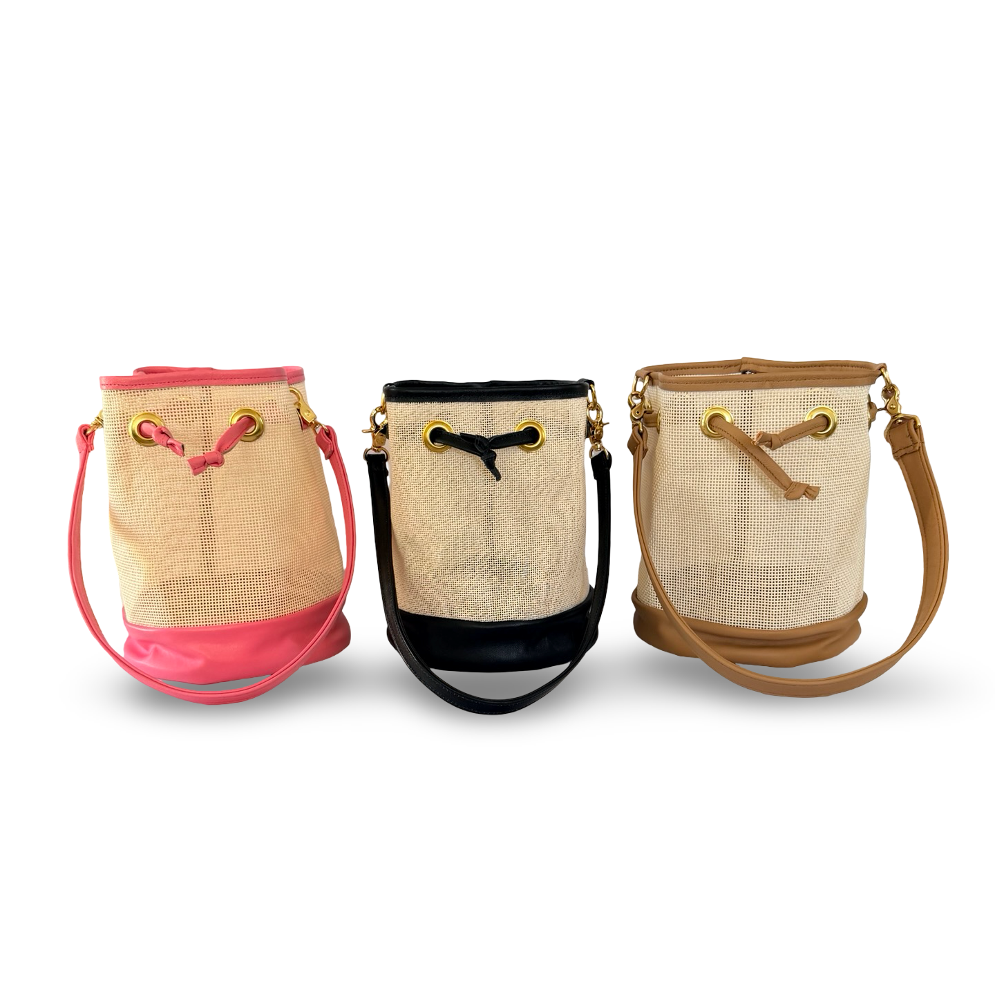 Three small bags with drawstrings on a white background