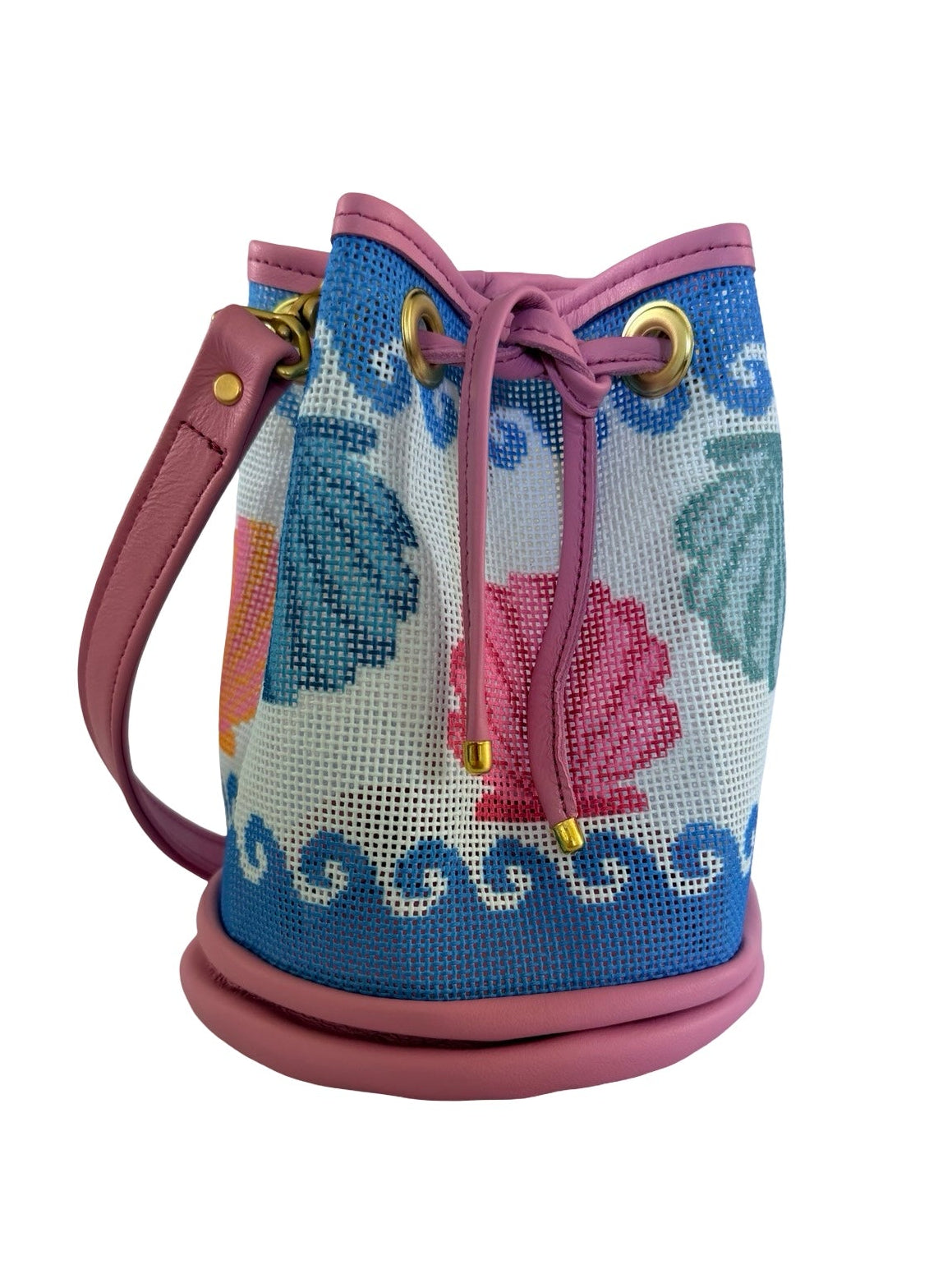 Small bucket bag with floral pattern and pink drawstring on a white background