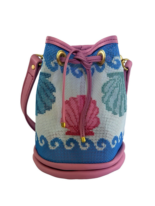 Wavy Shells Mini Needlepoint Leather Bucket Bag Self Finishing