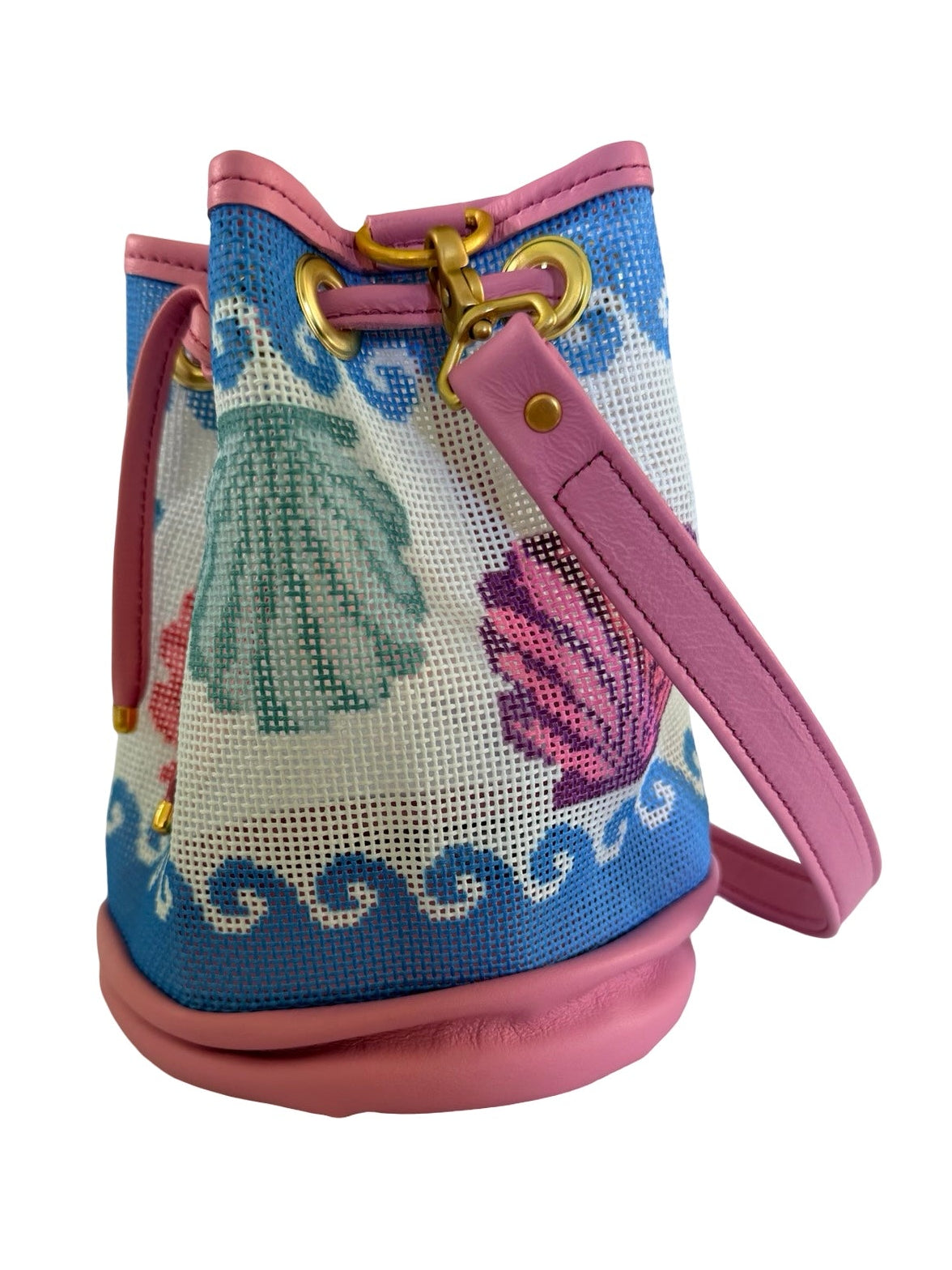 Wavy Shells Mini Needlepoint Leather Bucket Bag Self Finishing