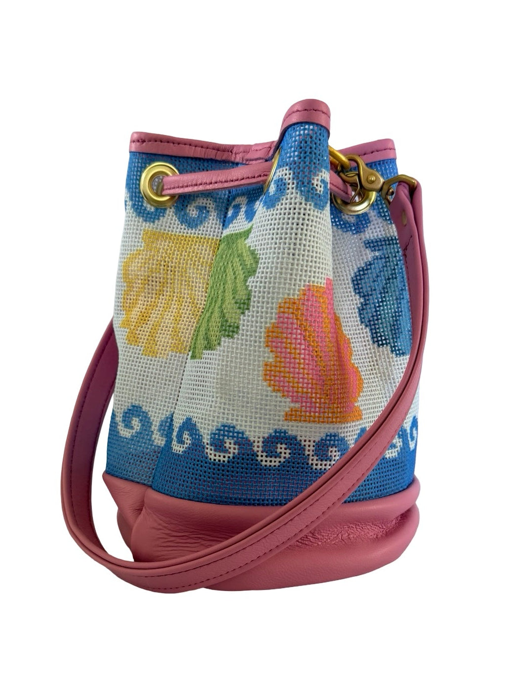 Wavy Shells Mini Needlepoint Leather Bucket Bag Self Finishing