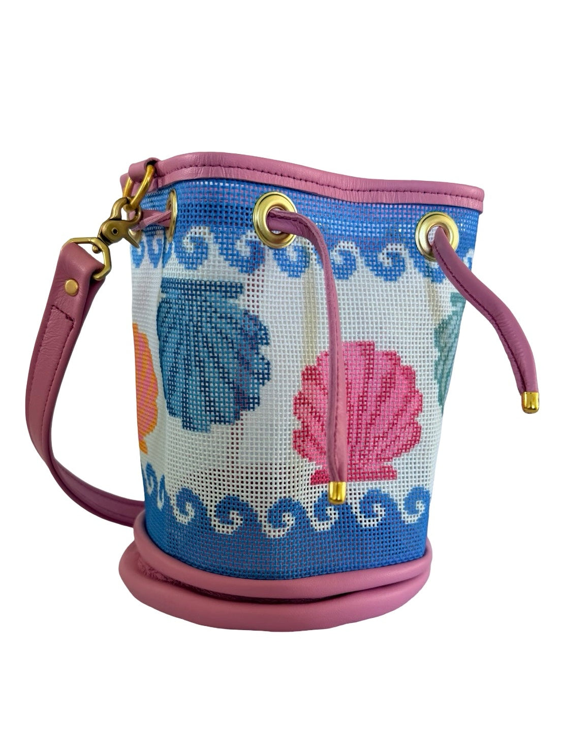 Wavy Shells Mini Needlepoint Leather Bucket Bag Self Finishing