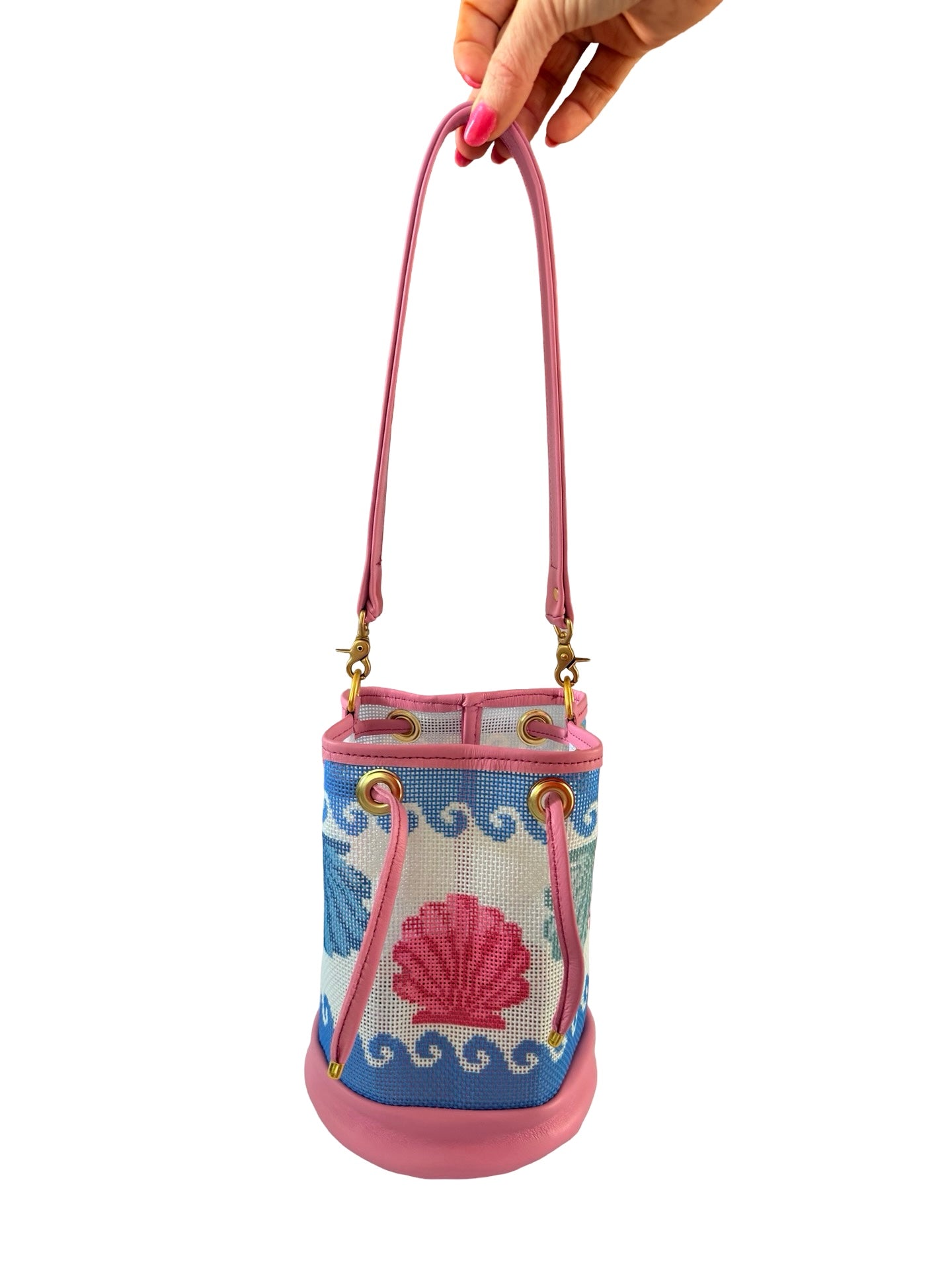 Wavy Shells Mini Needlepoint Leather Bucket Bag Self Finishing