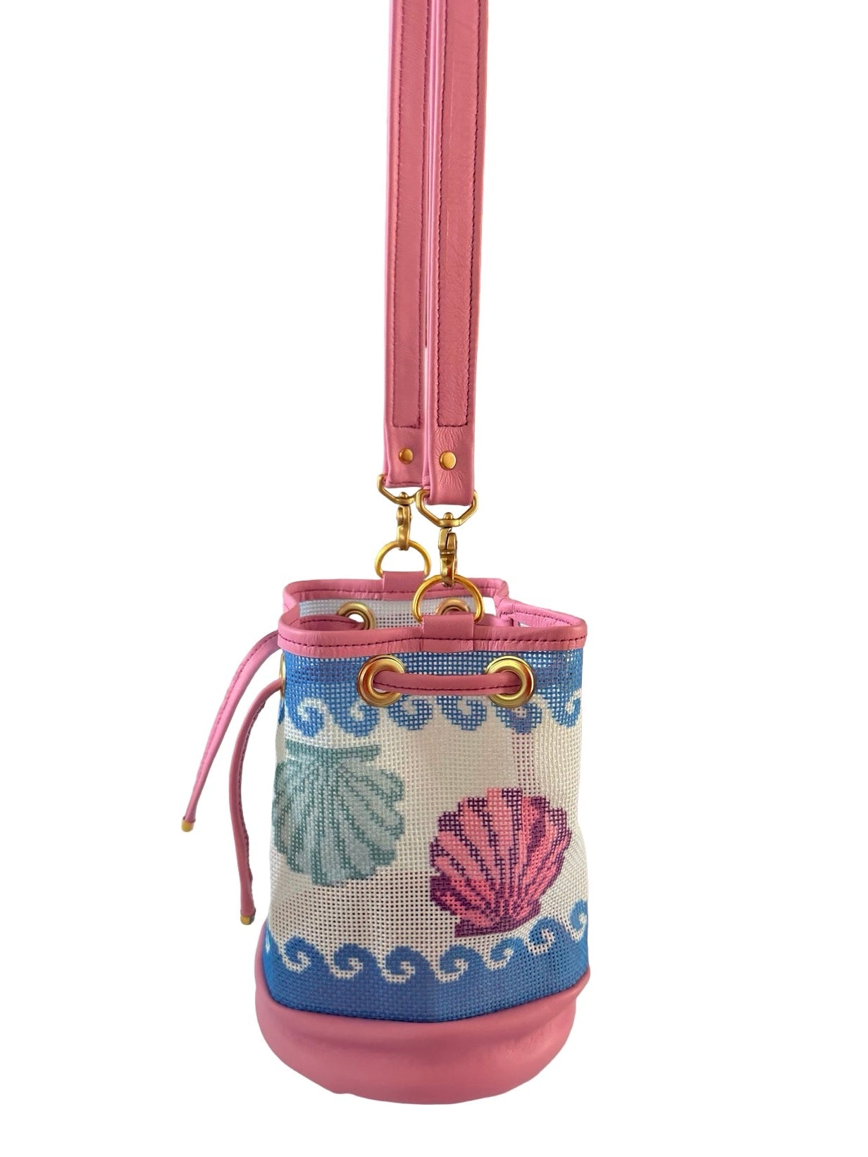 Wavy Shells Mini Needlepoint Leather Bucket Bag Self Finishing