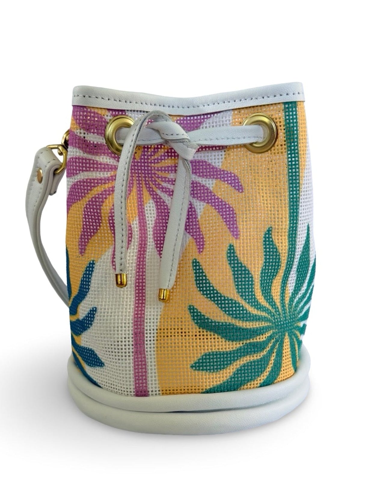 Small bucket bag with tropical leaf pattern on a white background