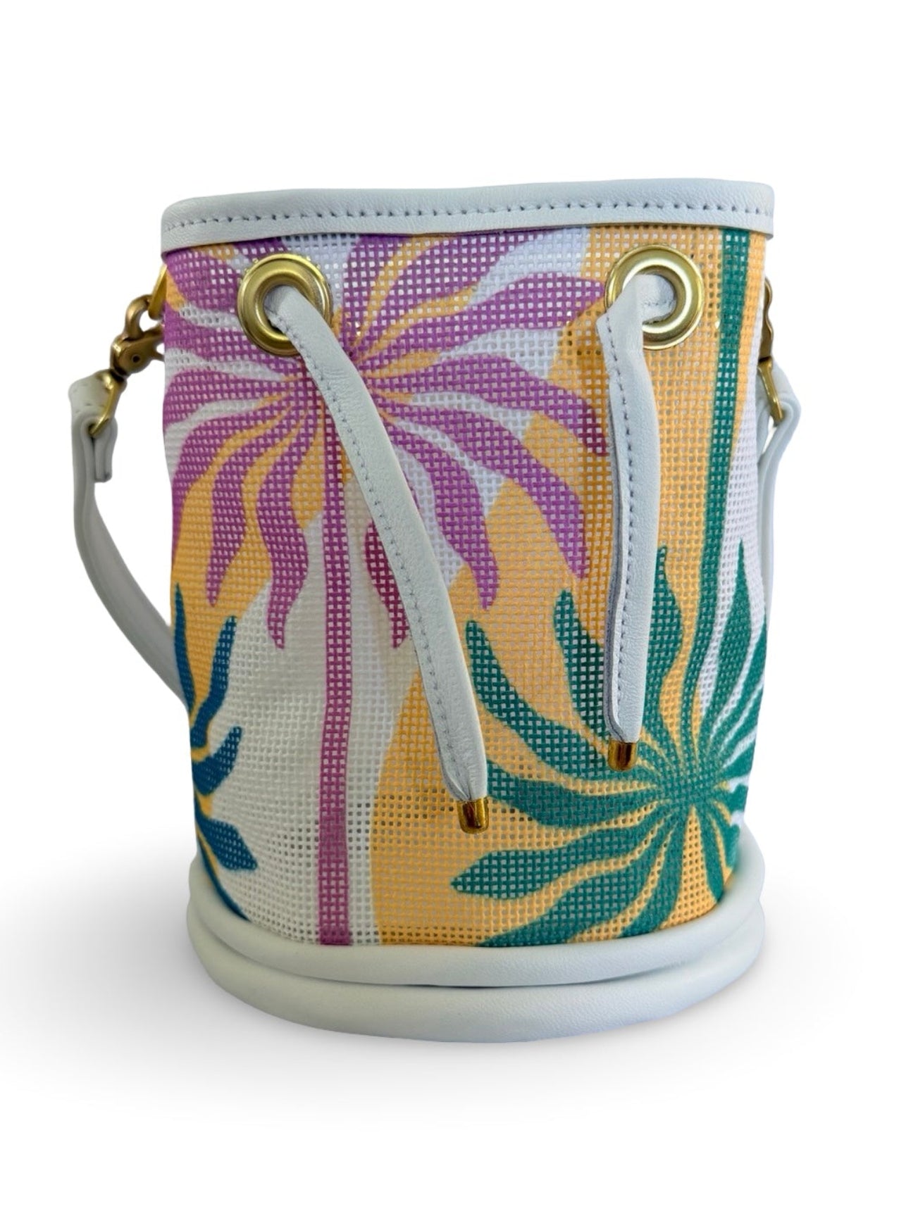 Palm Frites Mini Needlepoint Leather Bucket Bag Self Finishing