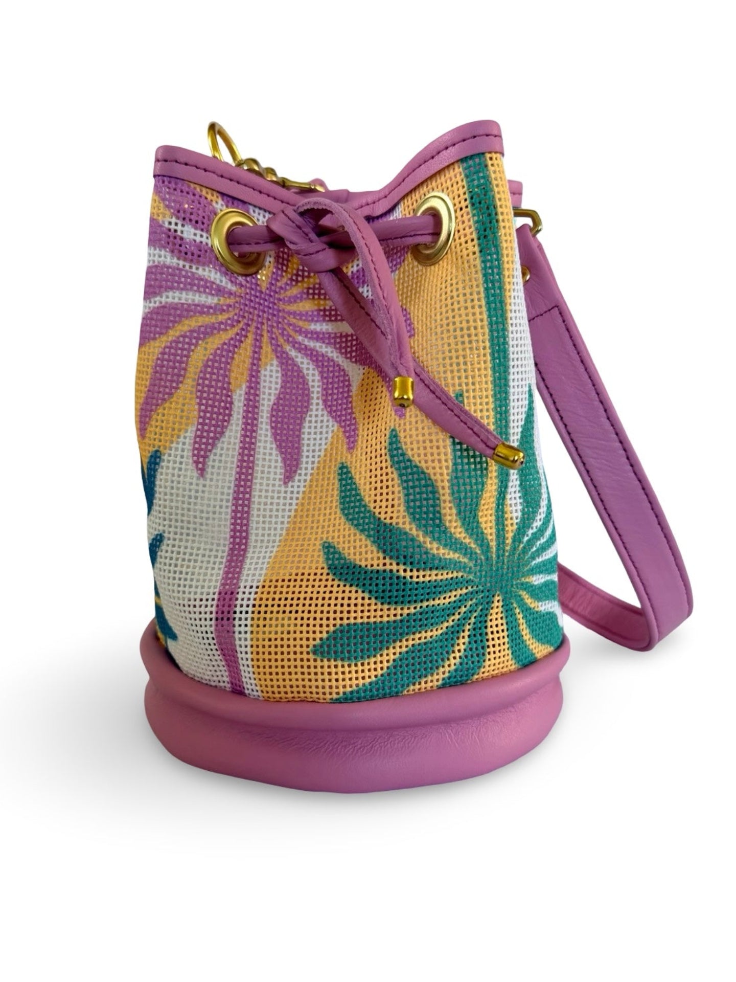 Palm Frites Mini Needlepoint Leather Bucket Bag Self Finishing