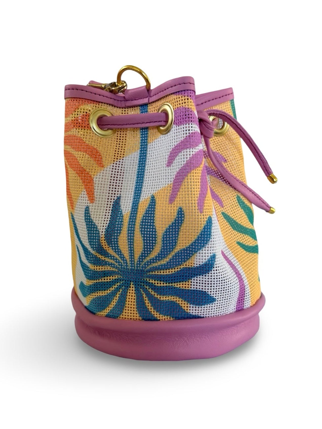 Colorful bucket bag with floral pattern on a white background