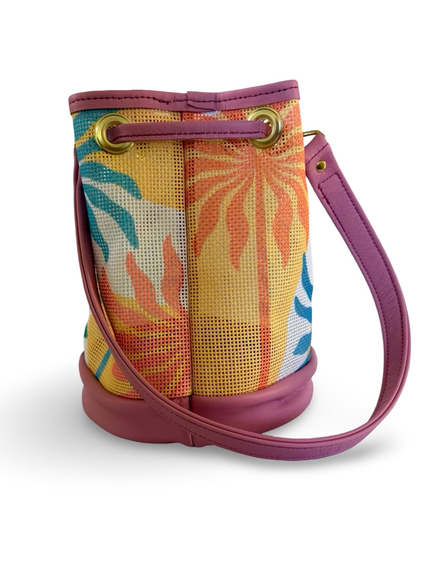 Colorful bucket bag with floral pattern on a white background