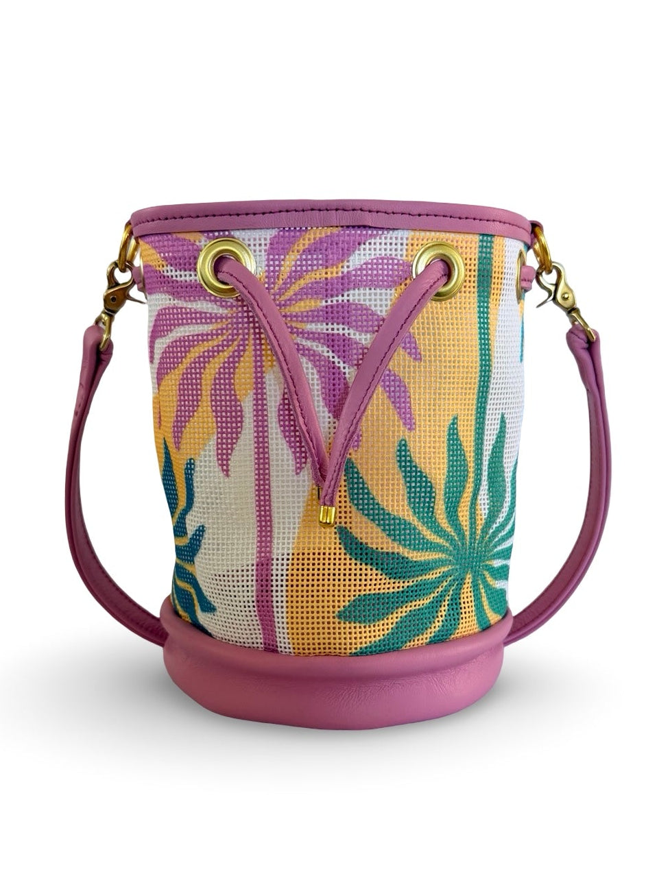 Bucket bag with floral pattern and pink accents on a white background