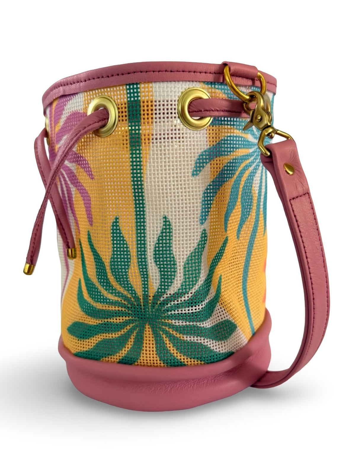 Bucket bag with floral pattern and pink accents on a white background