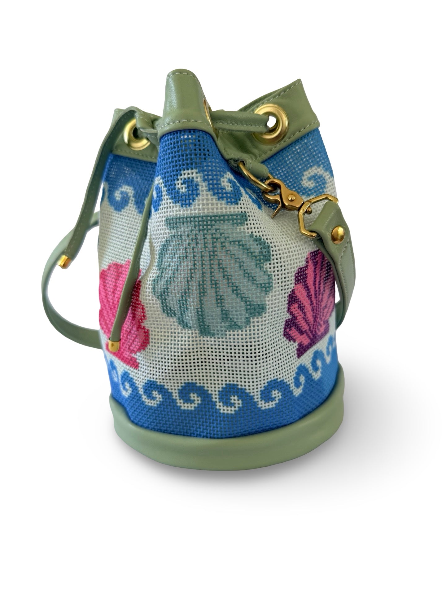 Wavy Shells Mini Needlepoint Leather Bucket Bag Self Finishing