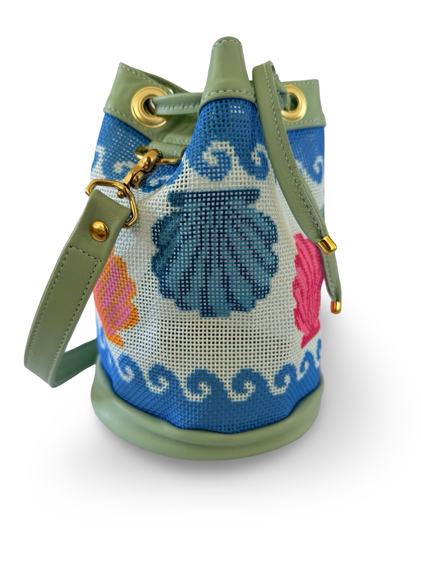Wavy Shells Mini Needlepoint Leather Bucket Bag Self Finishing