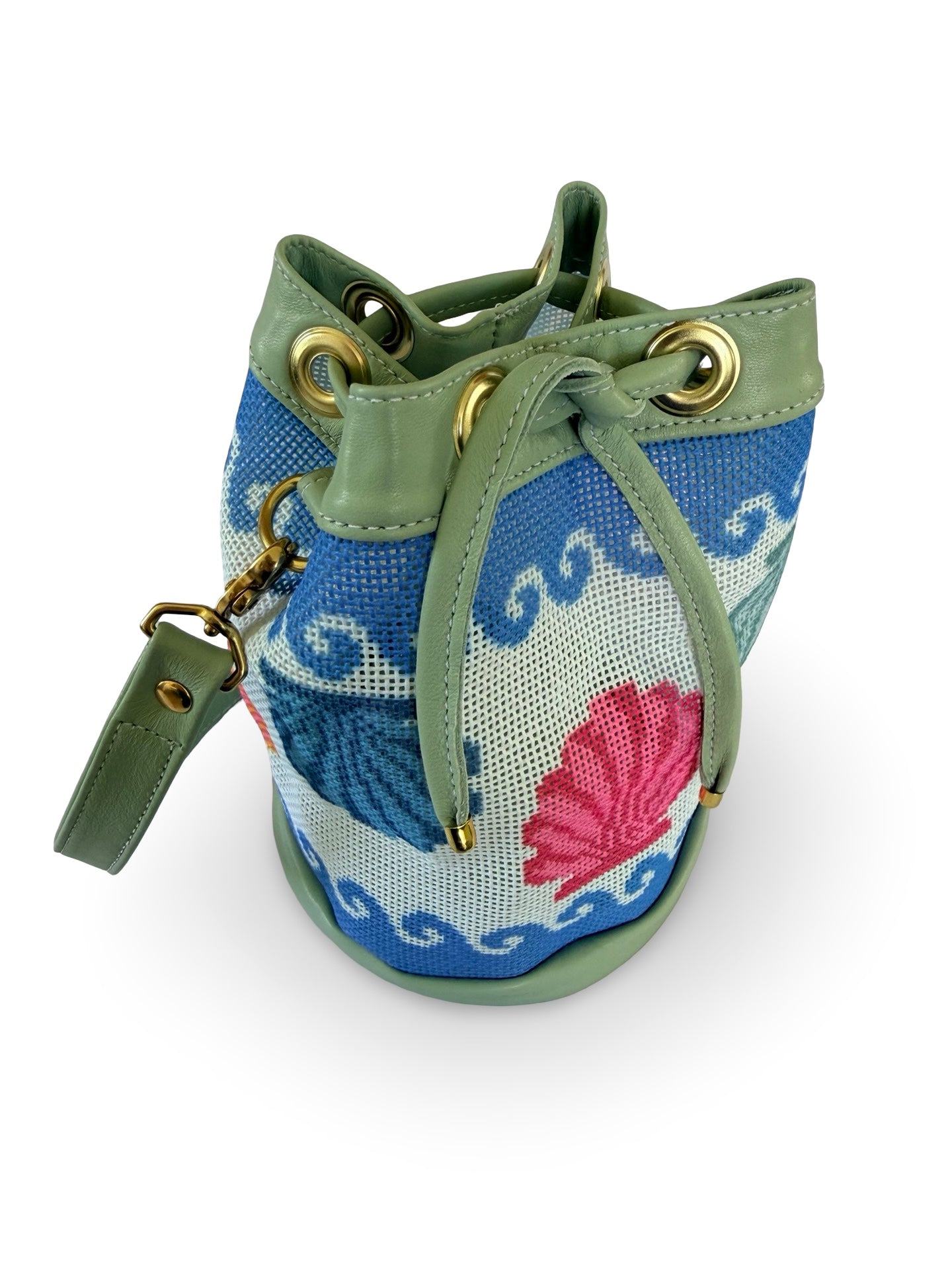 Wavy Shells Mini Needlepoint Leather Bucket Bag Self Finishing