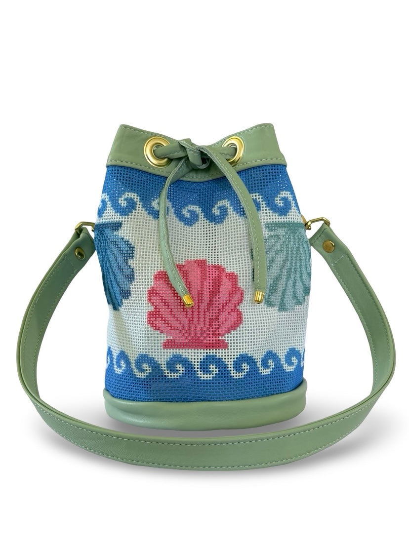 Wavy Shells Mini Needlepoint Leather Bucket Bag Self Finishing