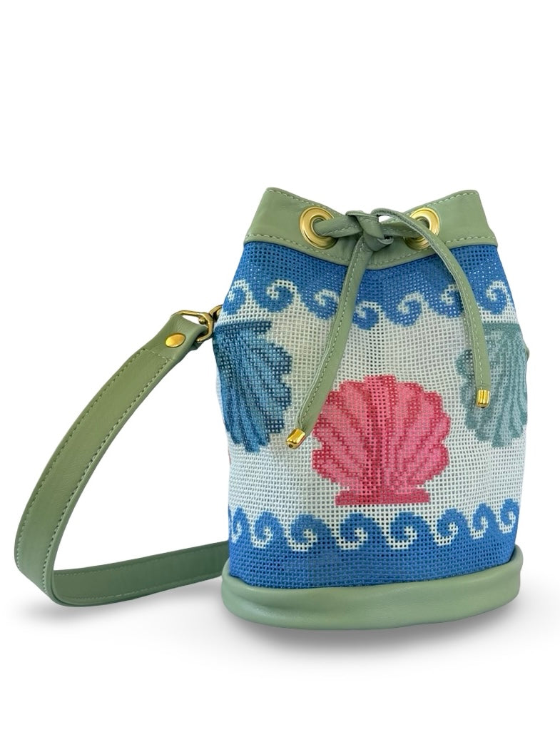 Wavy Shells Mini Needlepoint Leather Bucket Bag Self Finishing
