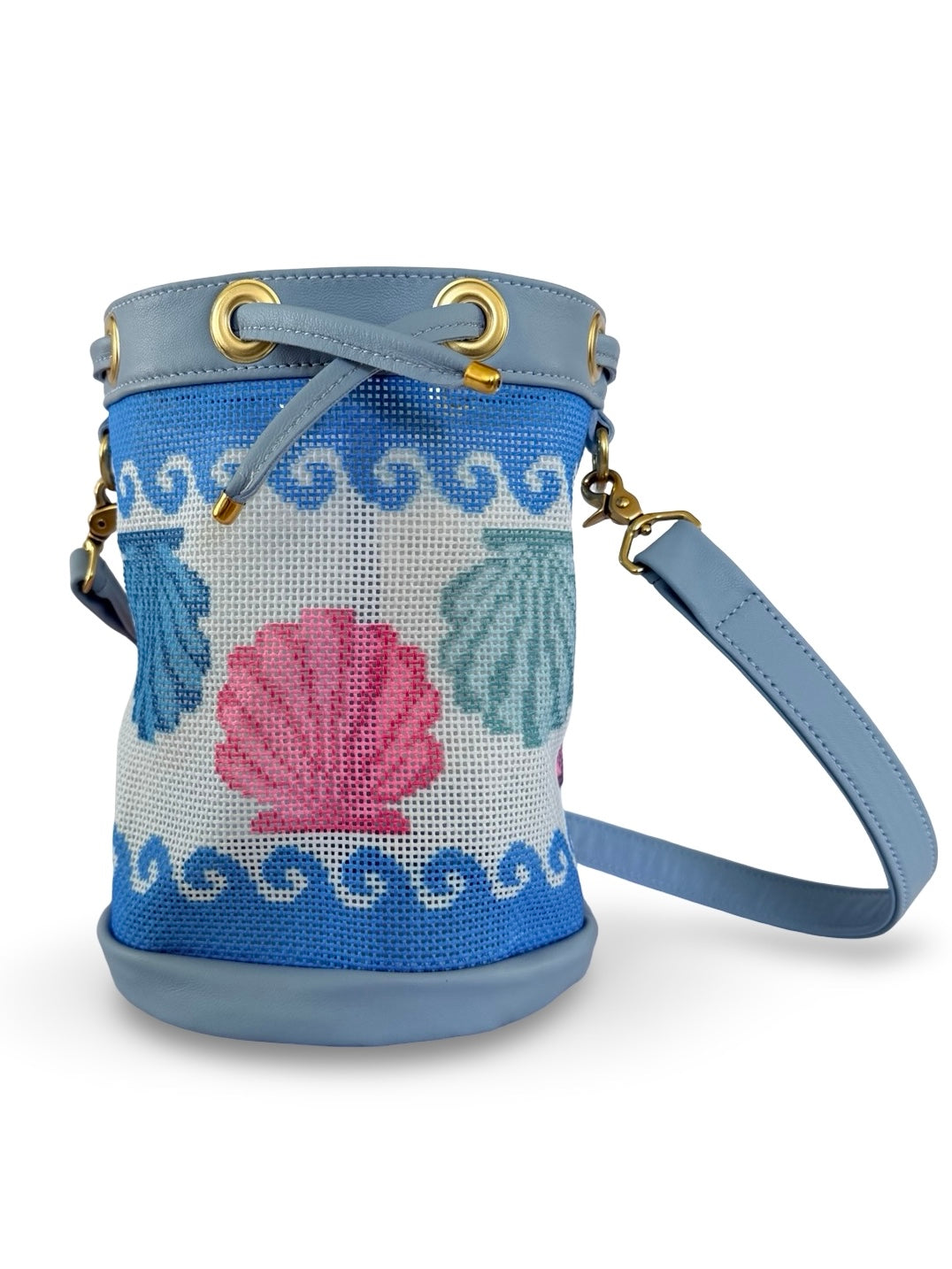 Wavy Shells Mini Needlepoint Leather Bucket Bag Self Finishing