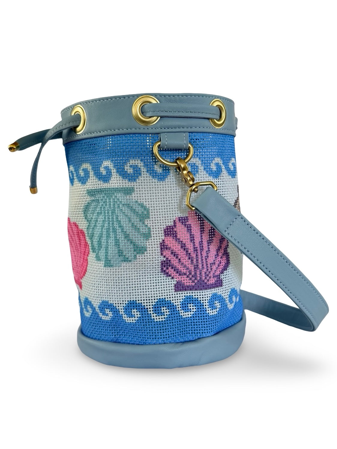 Wavy Shells Mini Needlepoint Leather Bucket Bag Self Finishing