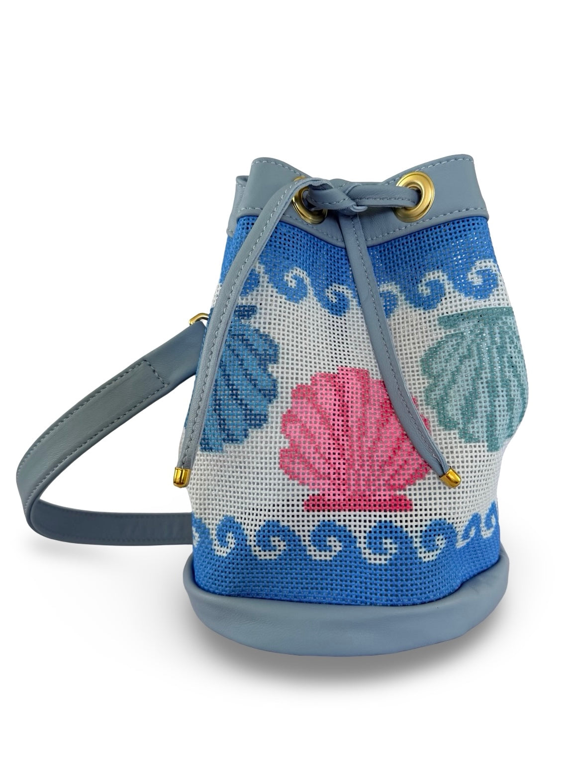 Wavy Shells Mini Needlepoint Leather Bucket Bag Self Finishing