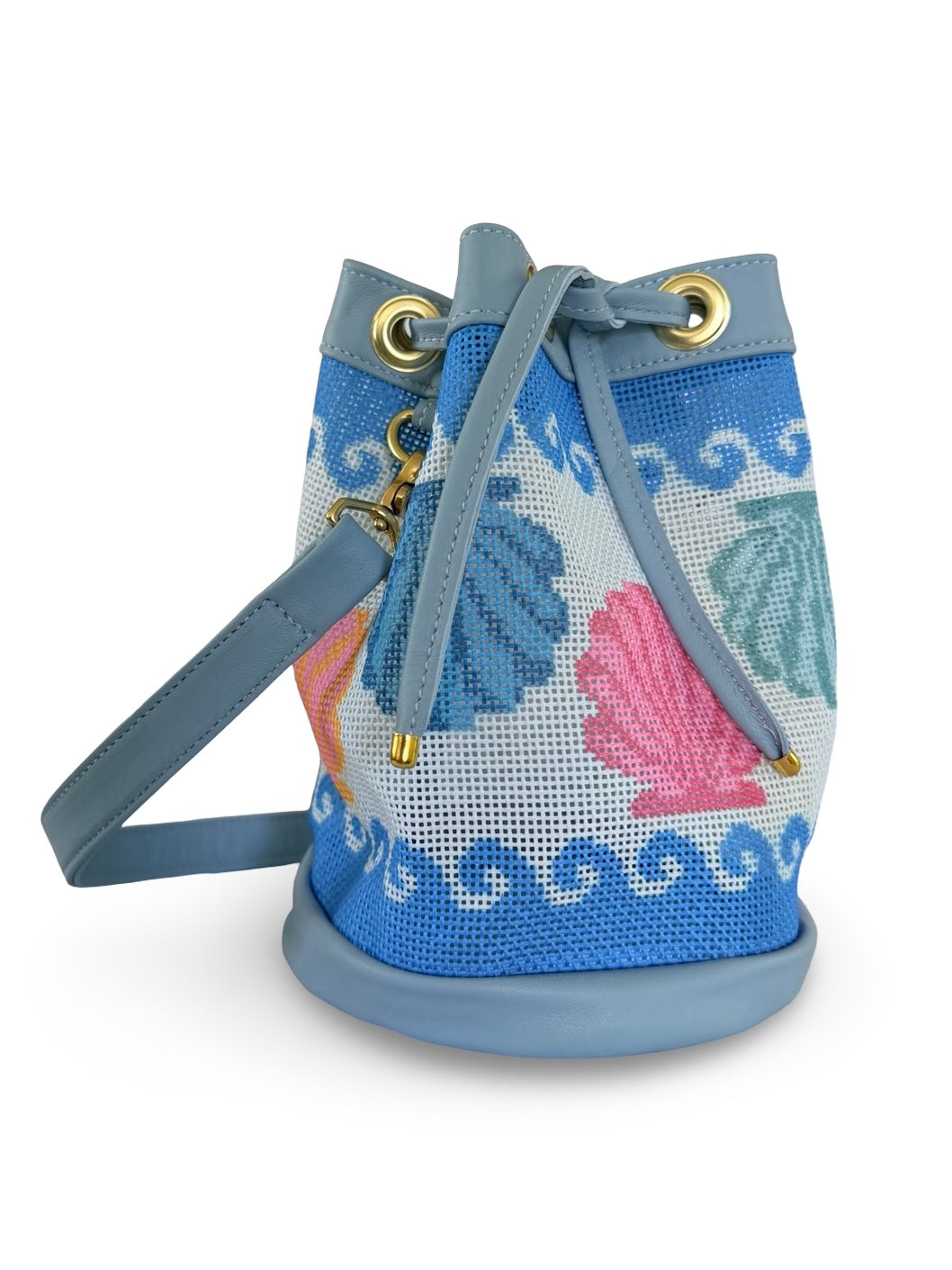 Wavy Shells Mini Needlepoint Leather Bucket Bag Self Finishing