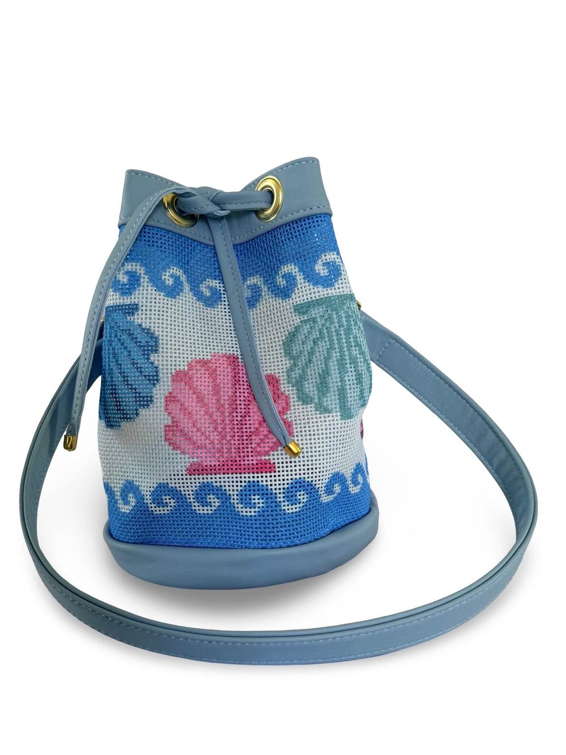 Wavy Shells Mini Needlepoint Leather Bucket Bag Self Finishing