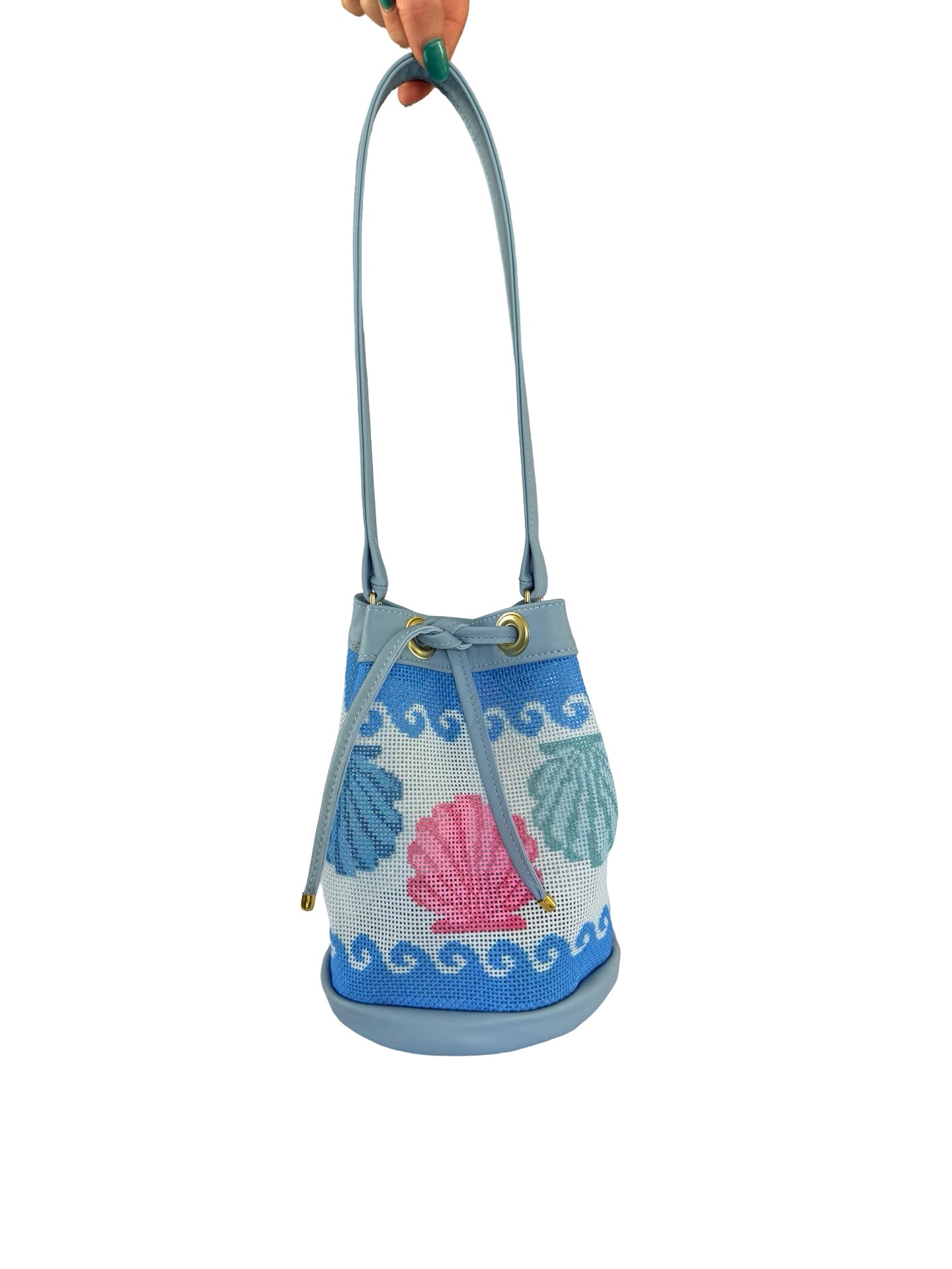 Wavy Shells Mini Needlepoint Leather Bucket Bag Self Finishing
