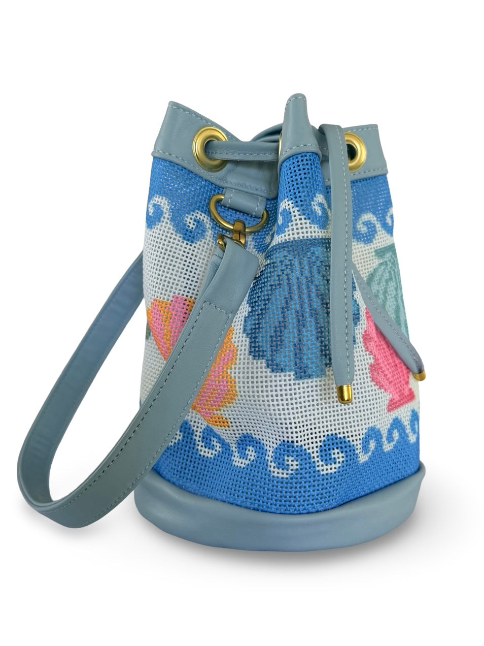 Wavy Shells Mini Needlepoint Leather Bucket Bag Self Finishing