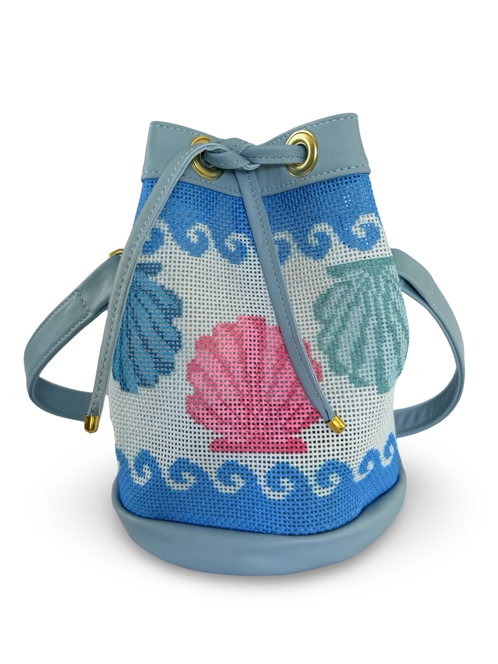 Wavy Shells Mini Needlepoint Leather Bucket Bag Self Finishing