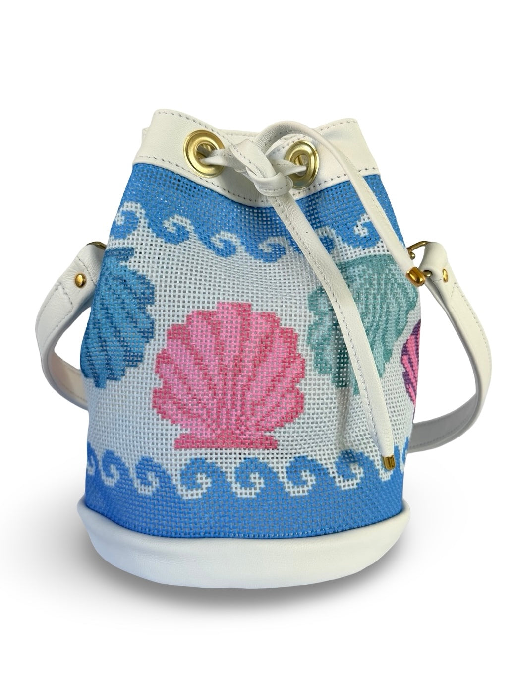 Wavy Shells Mini Needlepoint Leather Bucket Bag Self Finishing