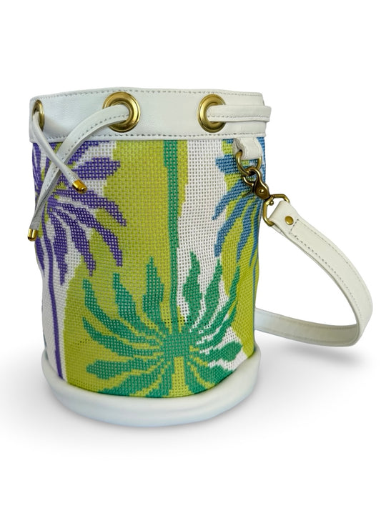 Palm Frites Mini Needlepoint Leather Bucket Bag Self Finishing
