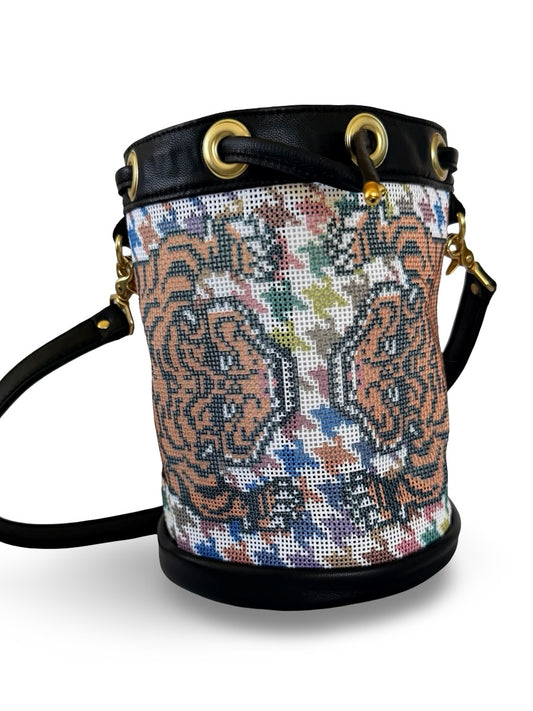 Tibetan Tiger Houndstooth Mini Needlepoint Self Finishing Bucket Bag