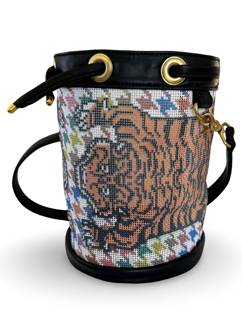 Tibetan Tiger Houndstooth Mini Needlepoint Self Finishing Bucket Bag