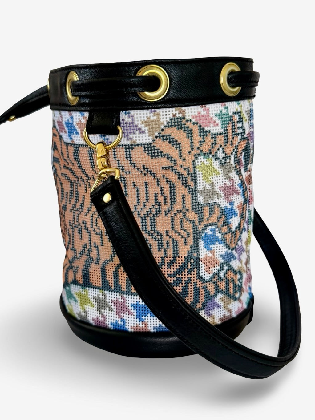 Tibetan Tiger Houndstooth Mini Needlepoint Self Finishing Bucket Bag