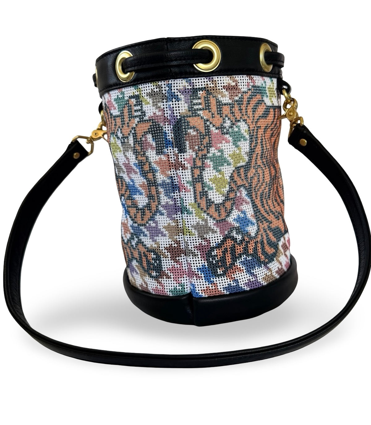 Tibetan Tiger Houndstooth Mini Needlepoint Self Finishing Bucket Bag