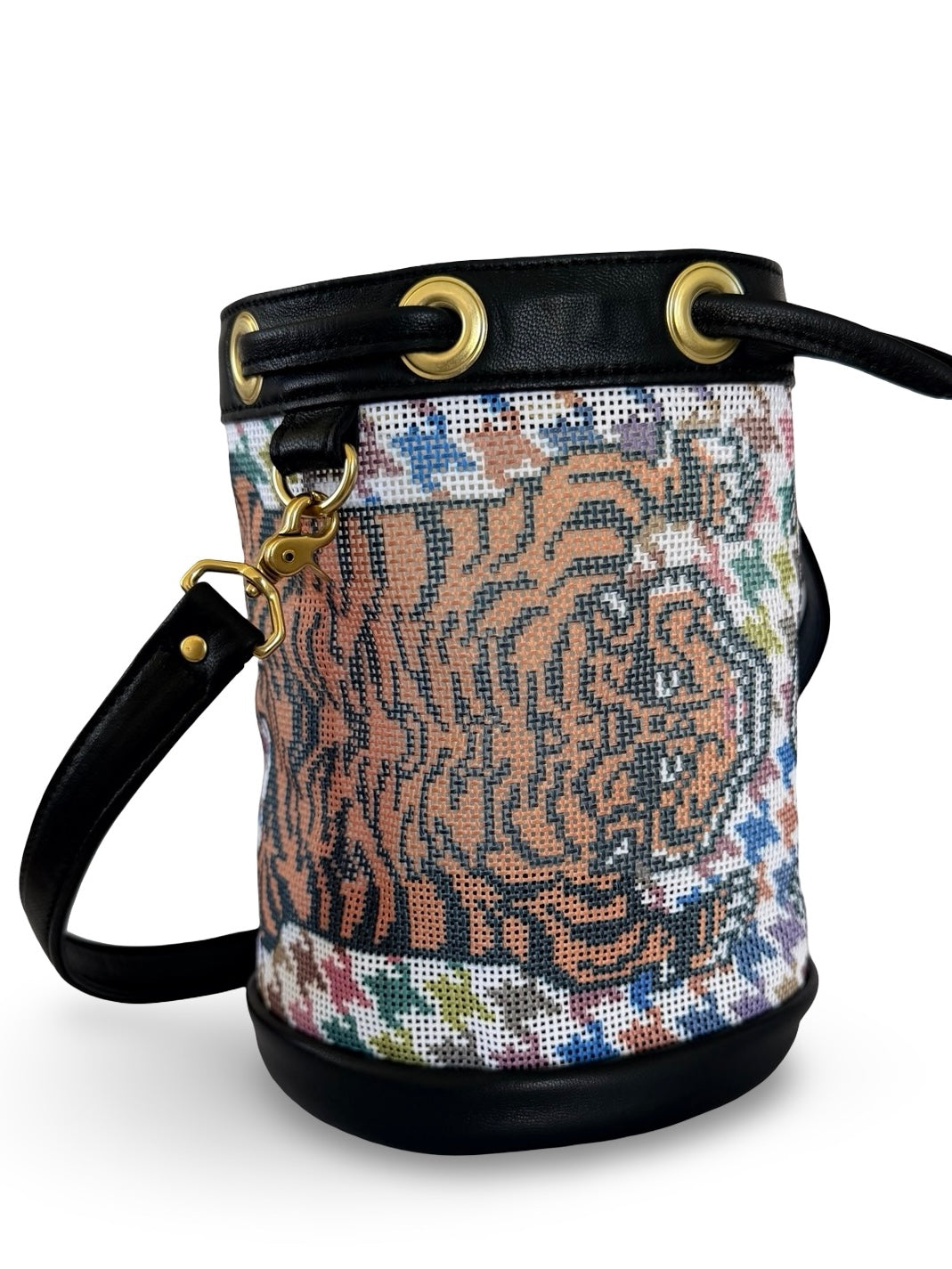 Tibetan Tiger Houndstooth Mini Needlepoint Self Finishing Bucket Bag