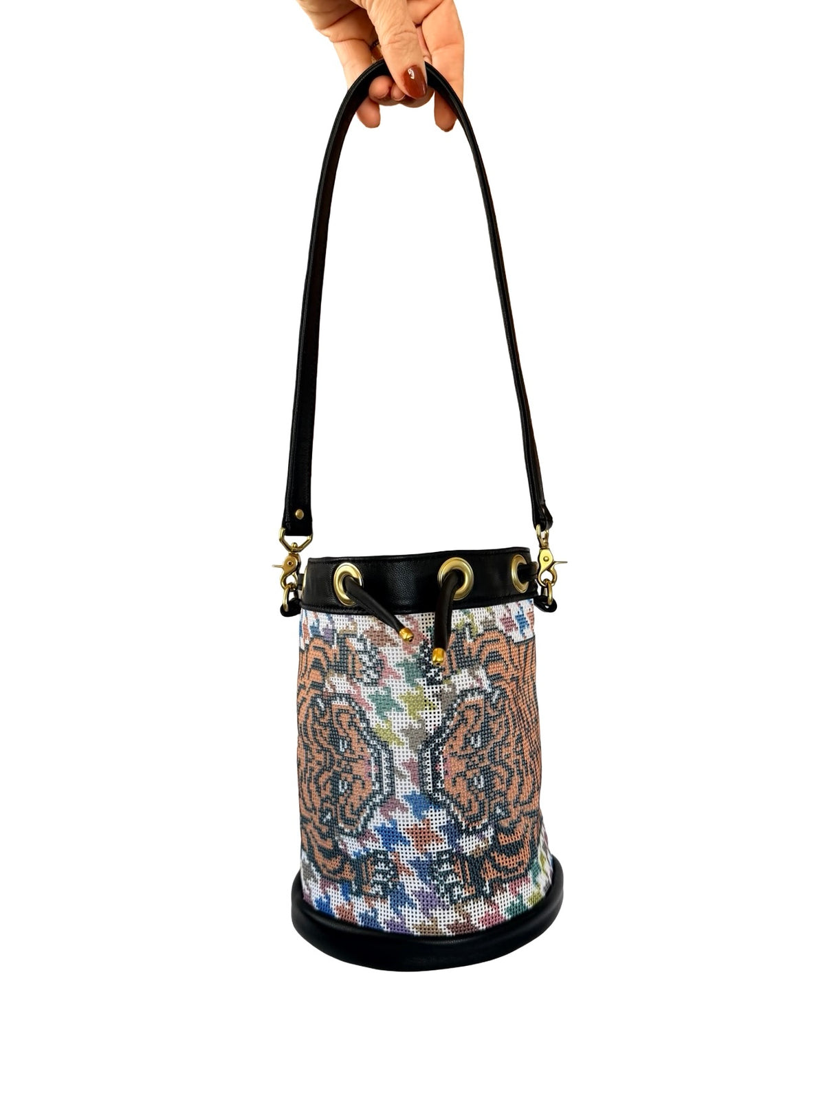 Tibetan Tiger Houndstooth Mini Needlepoint Self Finishing Bucket Bag