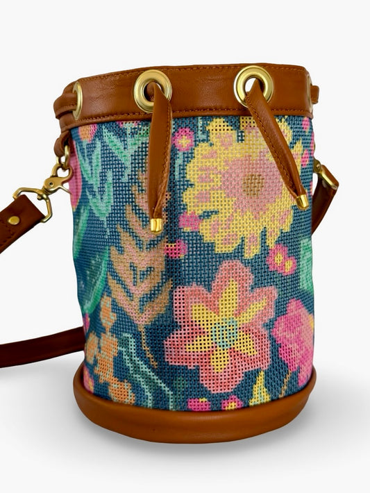 Mom's Flowers Dark Mini Needlepoint Self Finishing Bucket Bag