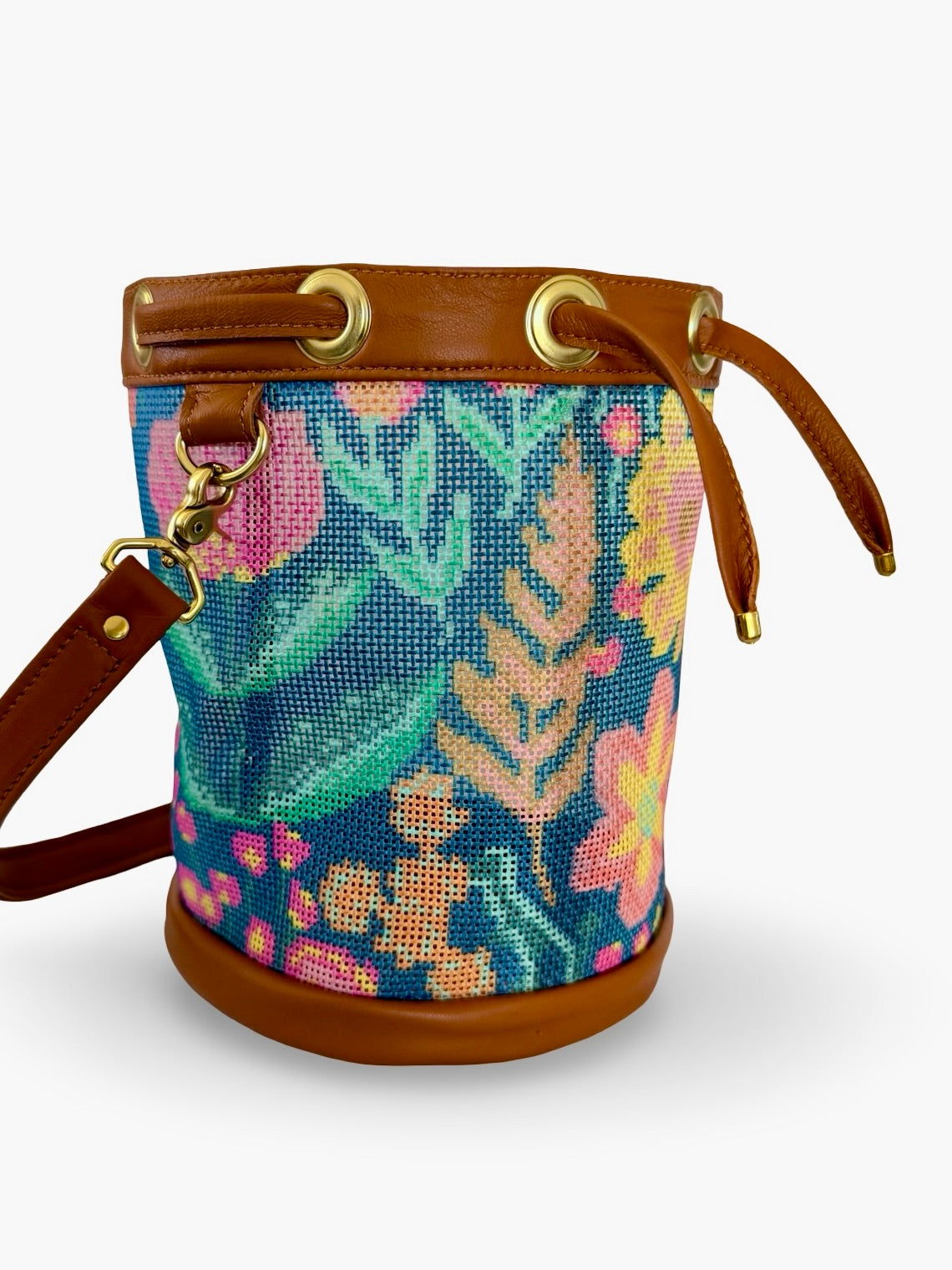 Mom's Flowers Dark Mini Needlepoint Self Finishing Bucket Bag