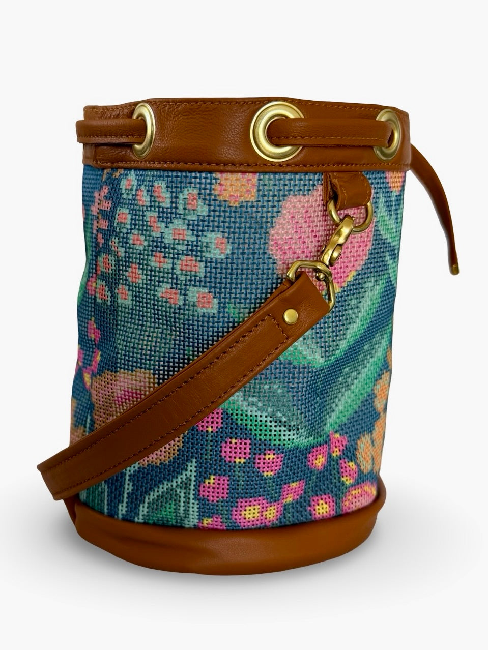 Mom's Flowers Dark Mini Needlepoint Self Finishing Bucket Bag
