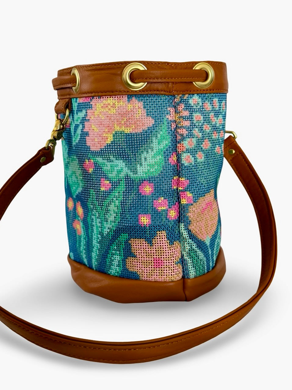 Mom's Flowers Dark Mini Needlepoint Self Finishing Bucket Bag