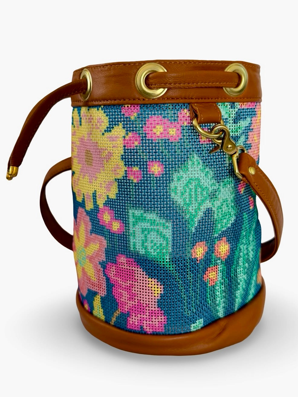 Mom's Flowers Dark Mini Needlepoint Self Finishing Bucket Bag