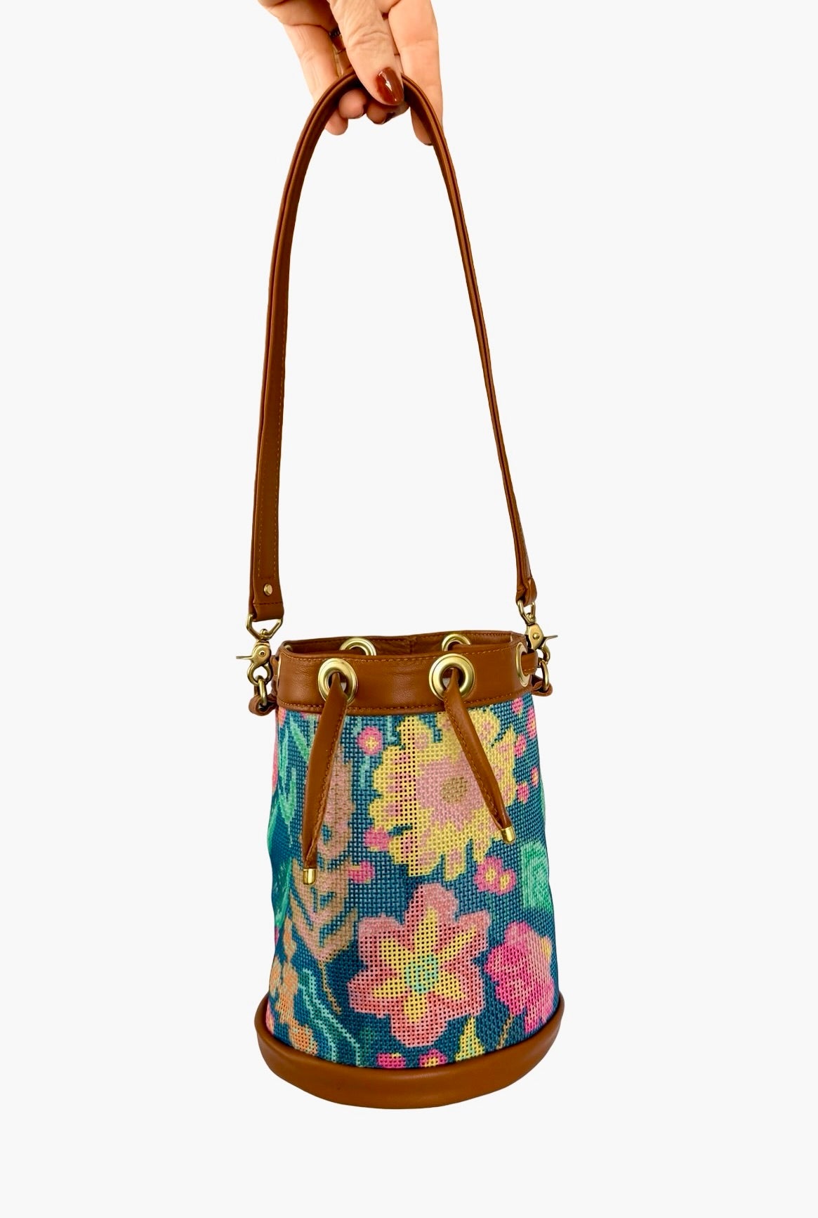 Mom's Flowers Dark Mini Needlepoint Self Finishing Bucket Bag