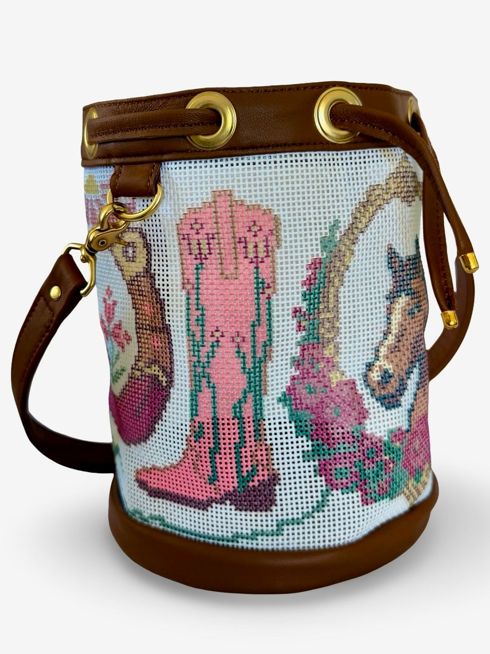 Lucky Boots Mini Needlepoint Leather Self Finishing Bucket Bag