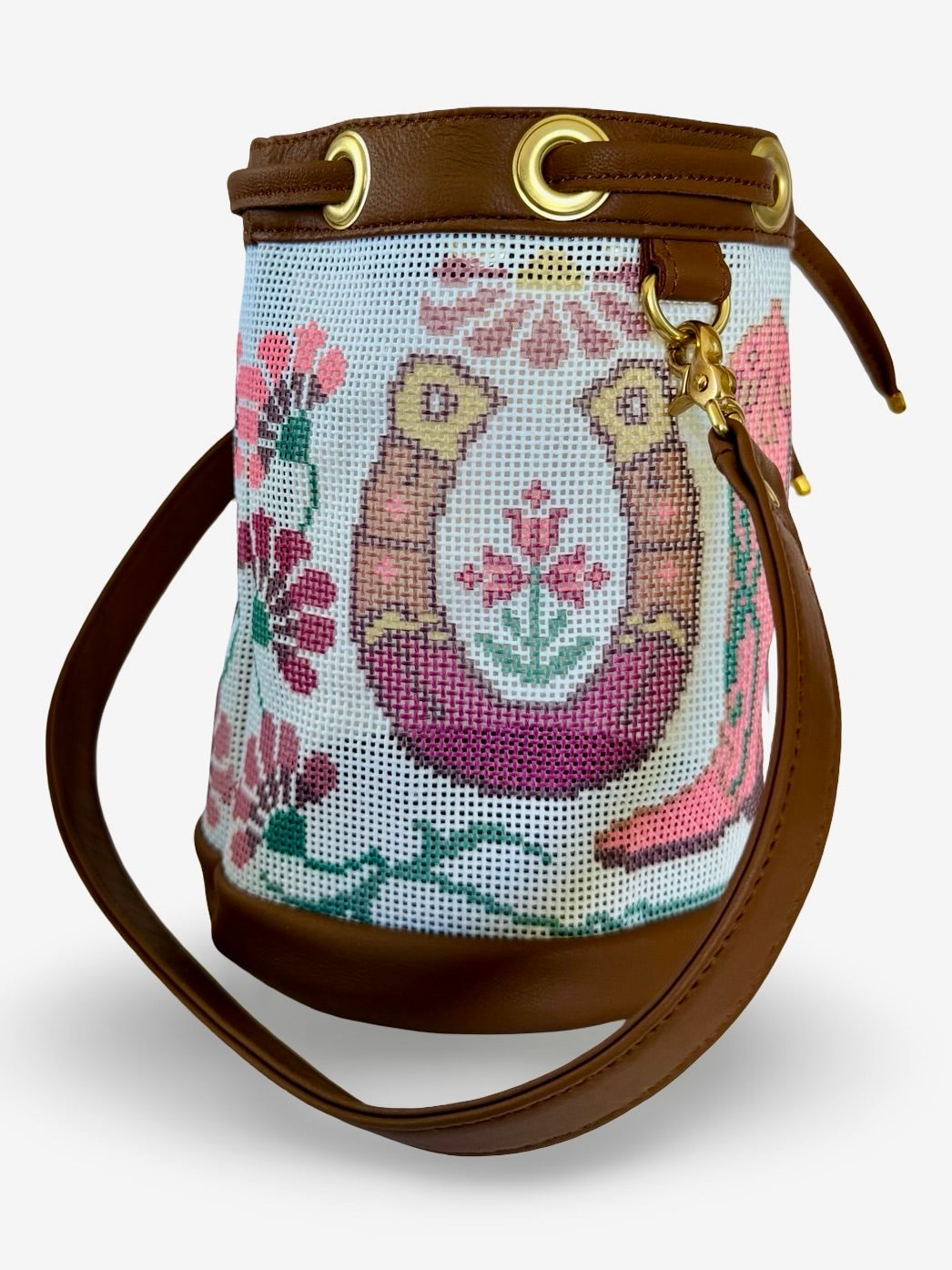 Lucky Boots Mini Needlepoint Leather Self Finishing Bucket Bag