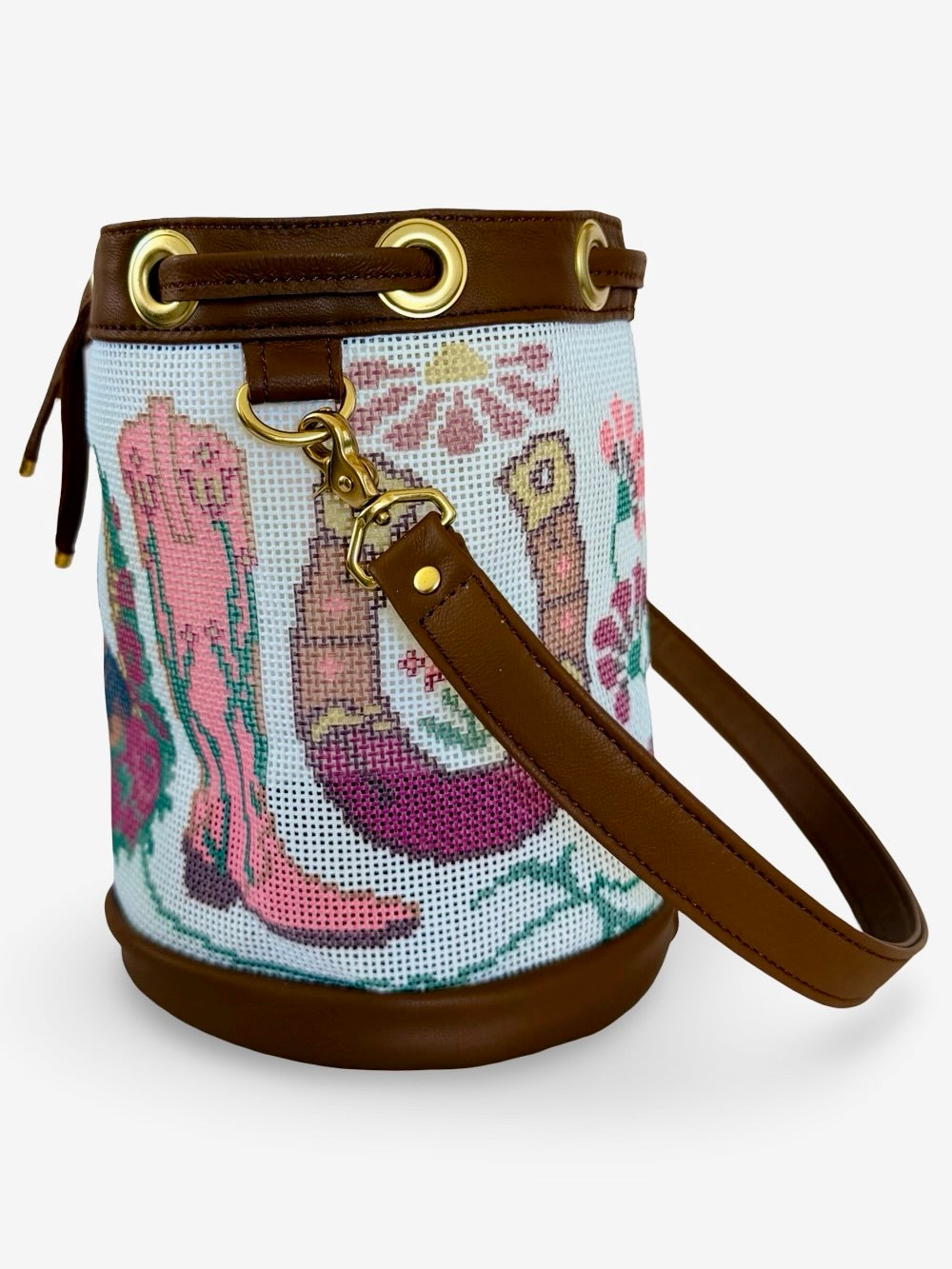 Lucky Boots Mini Needlepoint Leather Self Finishing Bucket Bag
