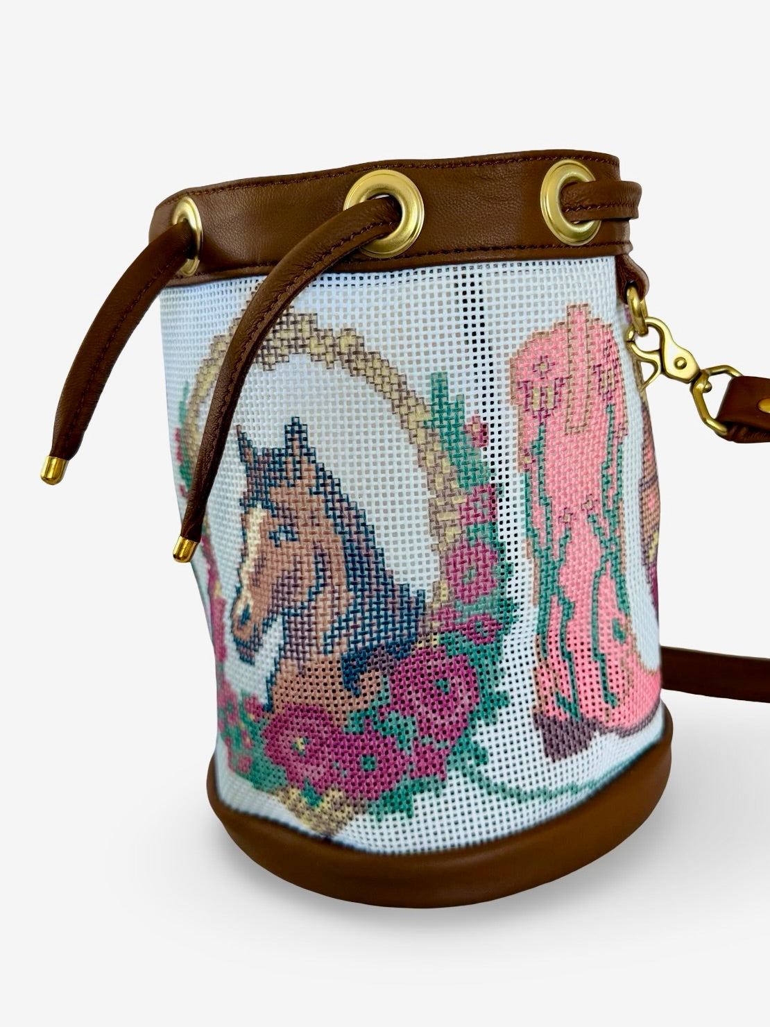 Lucky Boots Mini Needlepoint Leather Self Finishing Bucket Bag
