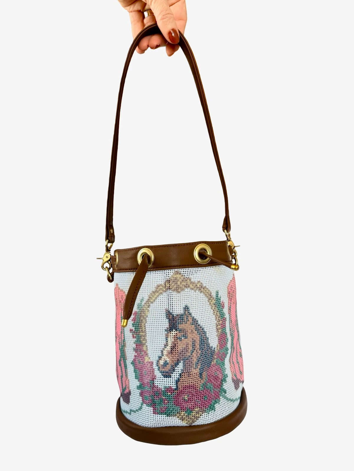 Lucky Boots Mini Needlepoint Leather Self Finishing Bucket Bag